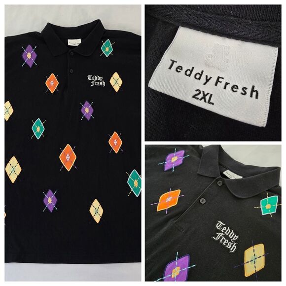 Teddy Fresh Polo Shirt Mens 2XL XXL Argyle Embroidered Applique Black Unique - Picture 1 of 13